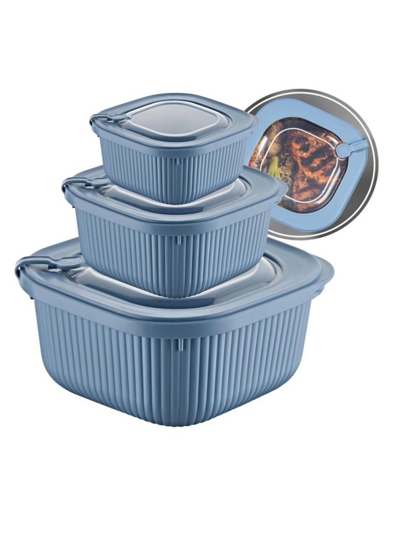 dunya Plastic square food container set airtight storage boxes safe use for microwave & fridge vacuum lid 600-1100-1800 ml blue  - Image 1