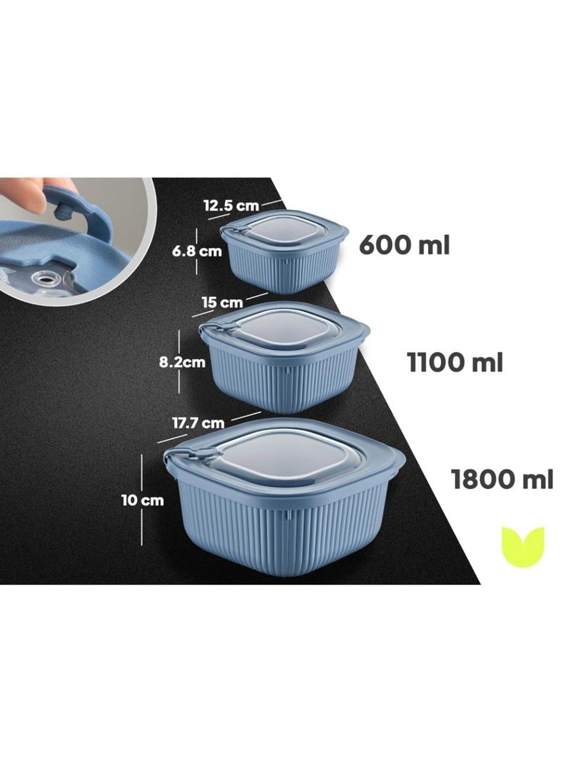 dunya Plastic square food container set airtight storage boxes safe use for microwave & fridge vacuum lid 600-1100-1800 ml blue  - Image 2