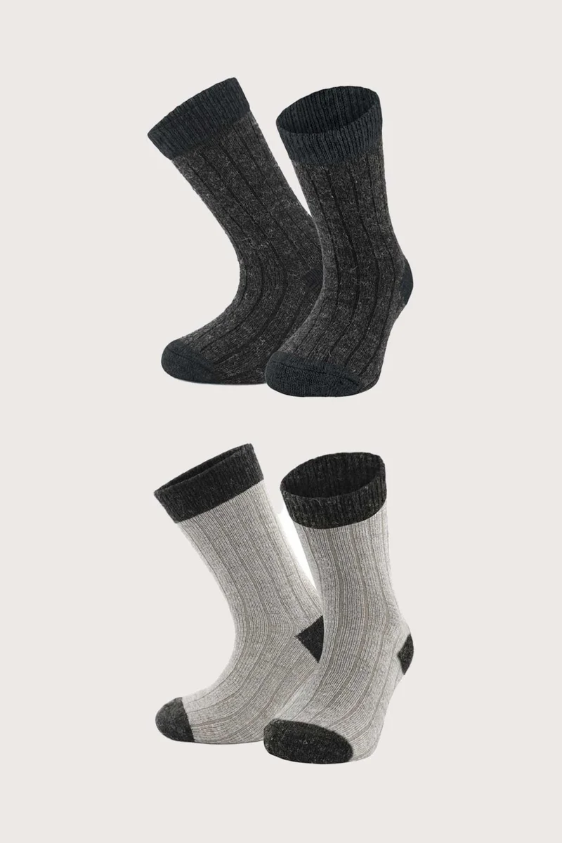 Aytuğ Children's Alpaca Wool Winter 2 Pairs Beige/brown Socks - A-1096-B/K
