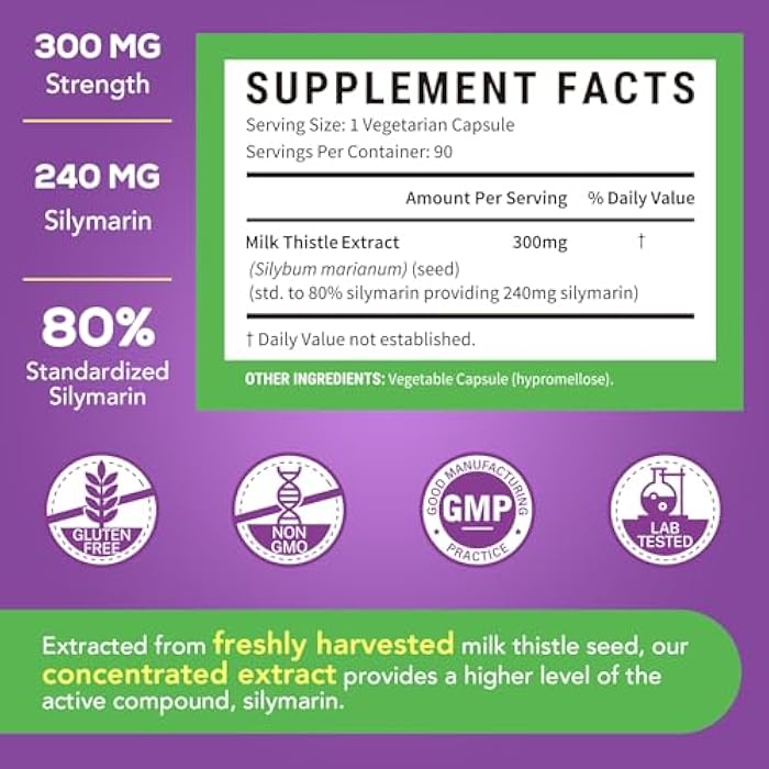 Surebounty Milk Thistle, 300 mg, Concentrated Seed Extract with 80% Silymarin, Liver Cleanse Detox for Men + Women, Once Daily, 90 Veggie Caps - Image 4