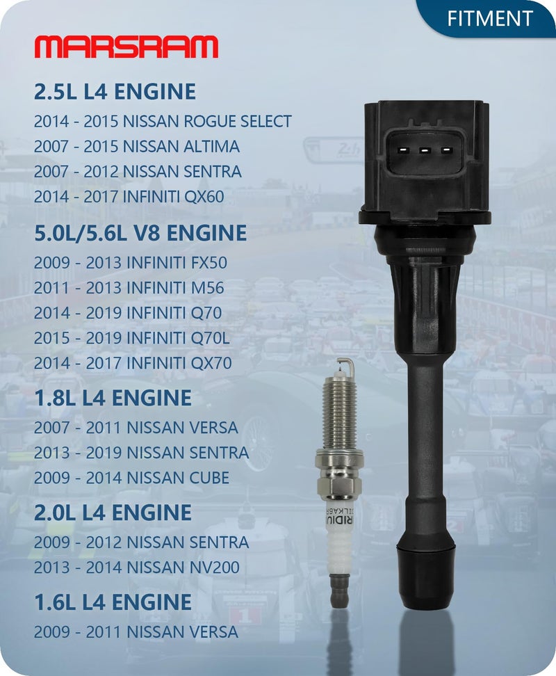 Marsram Ignition Coil Pack UF549 and Spark Plug 9029 Fits for 2007-2013 Nissan Altima Versa Sentra Rogue Cub NV200, 2014-2017 Infiniti QX60 M56 Q70 FX50, 2.5L 1.8L 1.6L 2.0L 5.0L 5.6L L4, Set Of 4 - Image 2