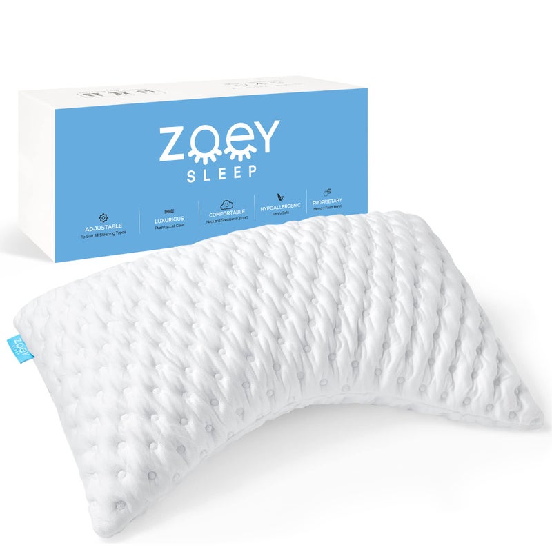 Zoey Sleep وسادة نوم جانبية لتخفيف آلام الرقبة والكتف - وسائد سرير من رغوة الذاكرة قابلة للتعديل - غطاء وسادة قابل للغسل في الغسالة - حجم كوين 19" × 29" (كوين، أبيض) - Image 1