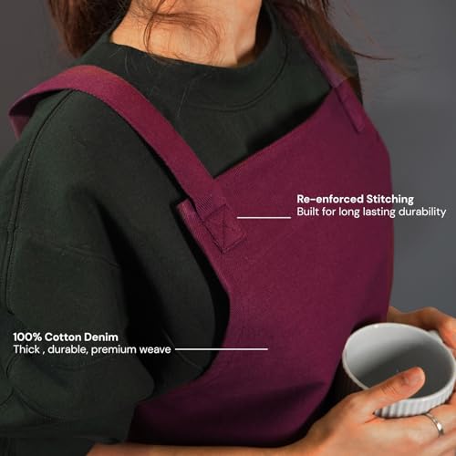 RUSTIQUE LINENS: 100% Cotton Cross-Back Apron with AquaVentism™: Fused Breathable membrane with Water‑Resistance – Kitchen Apron for Cooking, Baking, Cleaning–Wine - Image 4
