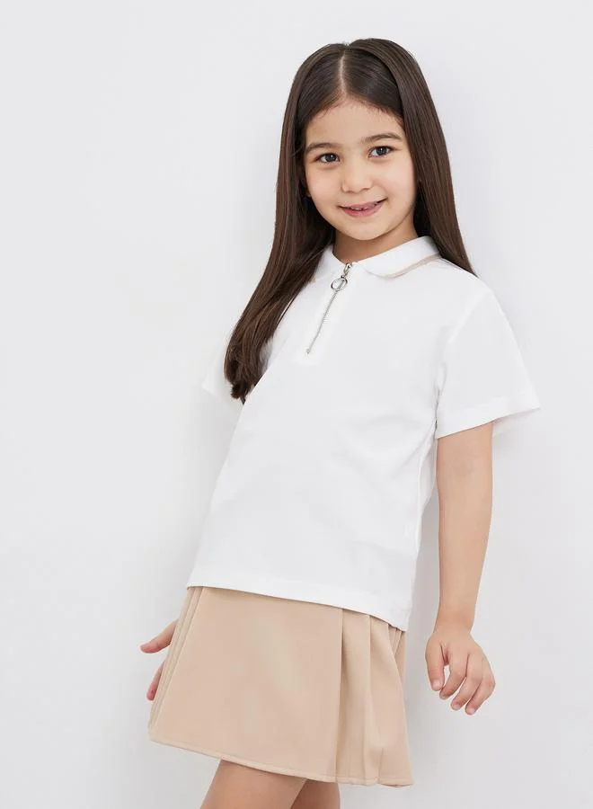 ستايلي Styli Plain Polo T-Shirt and Pleated Skirt Set