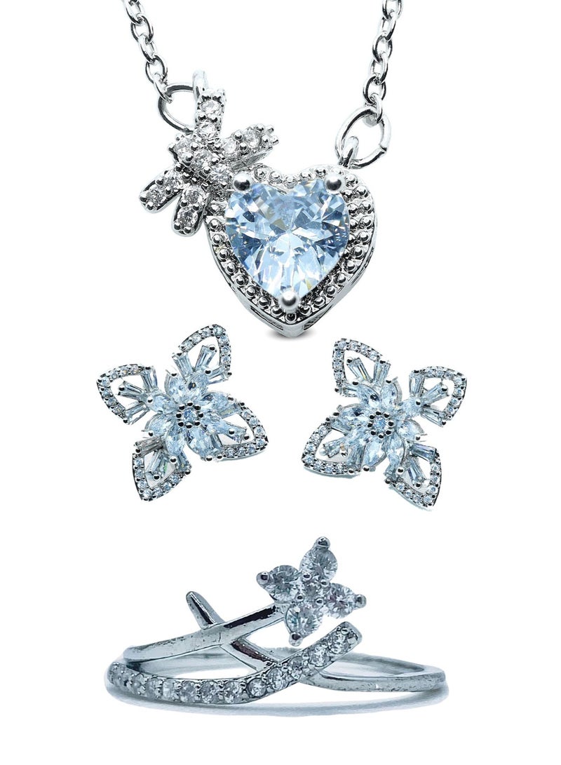 LMA' Luxury Silver Jewelry Set (Necklace, Earrings, Ring) Heart for Women - Image 2