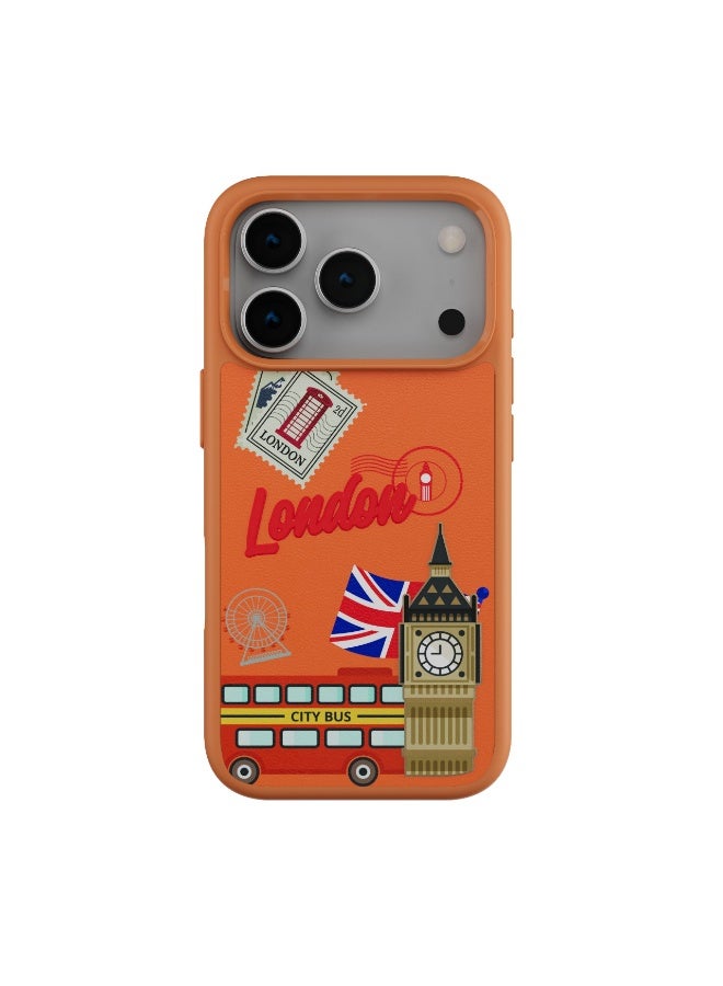 LEVELO Vallo PU leather Case iPhone 17 Pro With London Embroidery Design / Scratch & Wear Resistant / Raised Bezels for Camera & Screen / Shock-Resistant Bumper - Sunrise Orange - Image 1