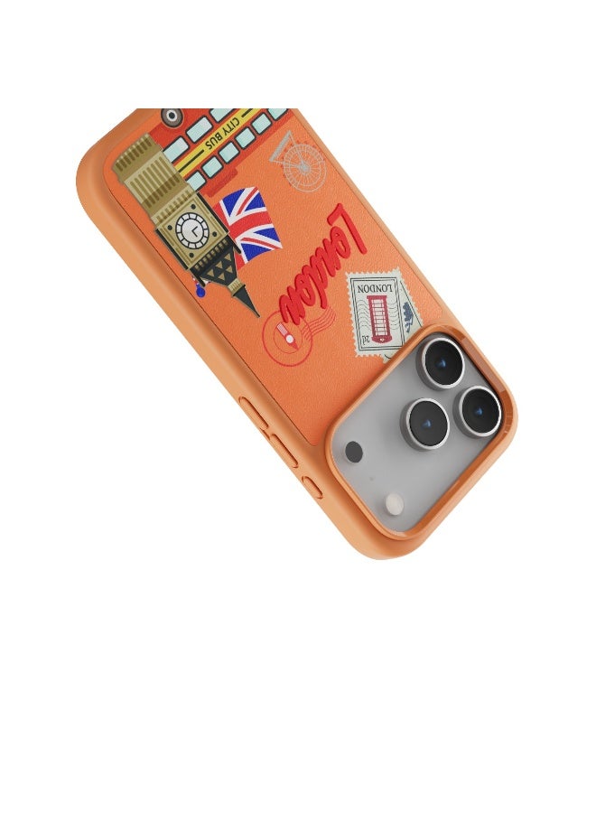 LEVELO Vallo PU leather Case iPhone 17 Pro With London Embroidery Design / Scratch & Wear Resistant / Raised Bezels for Camera & Screen / Shock-Resistant Bumper - Sunrise Orange - Image 4