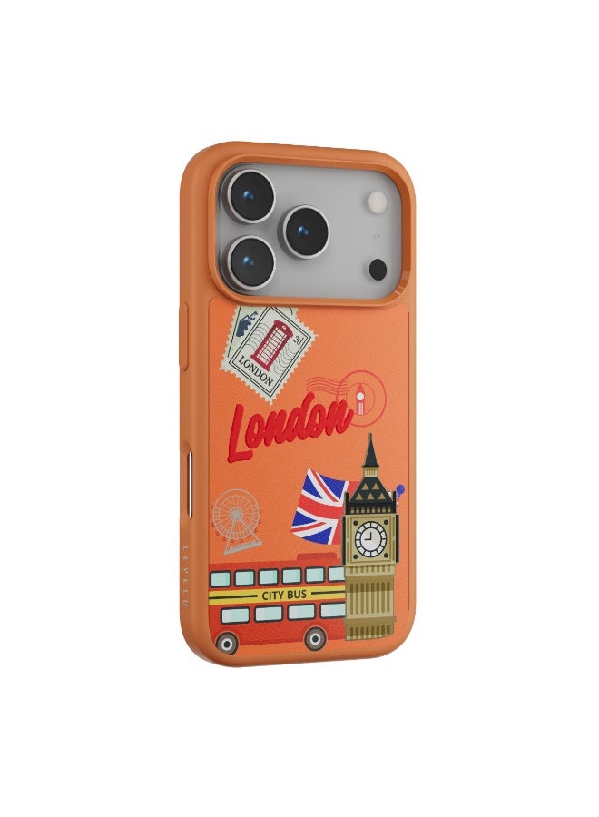LEVELO Vallo PU leather Case iPhone 17 Pro With London Embroidery Design / Scratch & Wear Resistant / Raised Bezels for Camera & Screen / Shock-Resistant Bumper - Sunrise Orange - Image 5