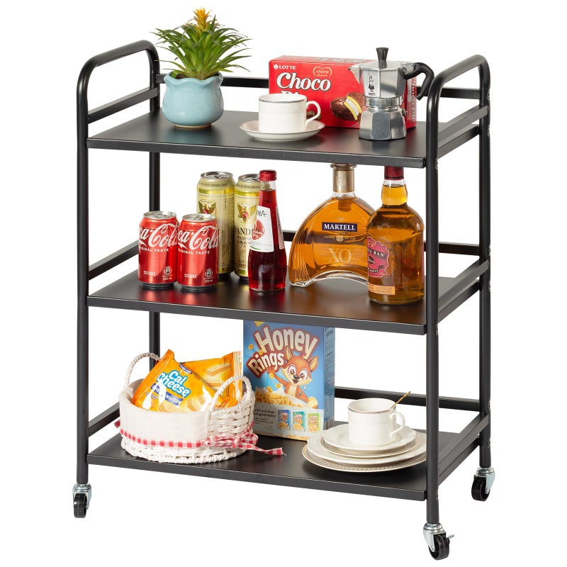HDANI 3 Tier Metal Utility Multipurpose Rolling CartLarge Capacity Heavy Duty Cart with Lockable Wheels Rolling Cart with 2 Lockable Wheels for HomeOfficeKitchenBathroomBedroomBlack