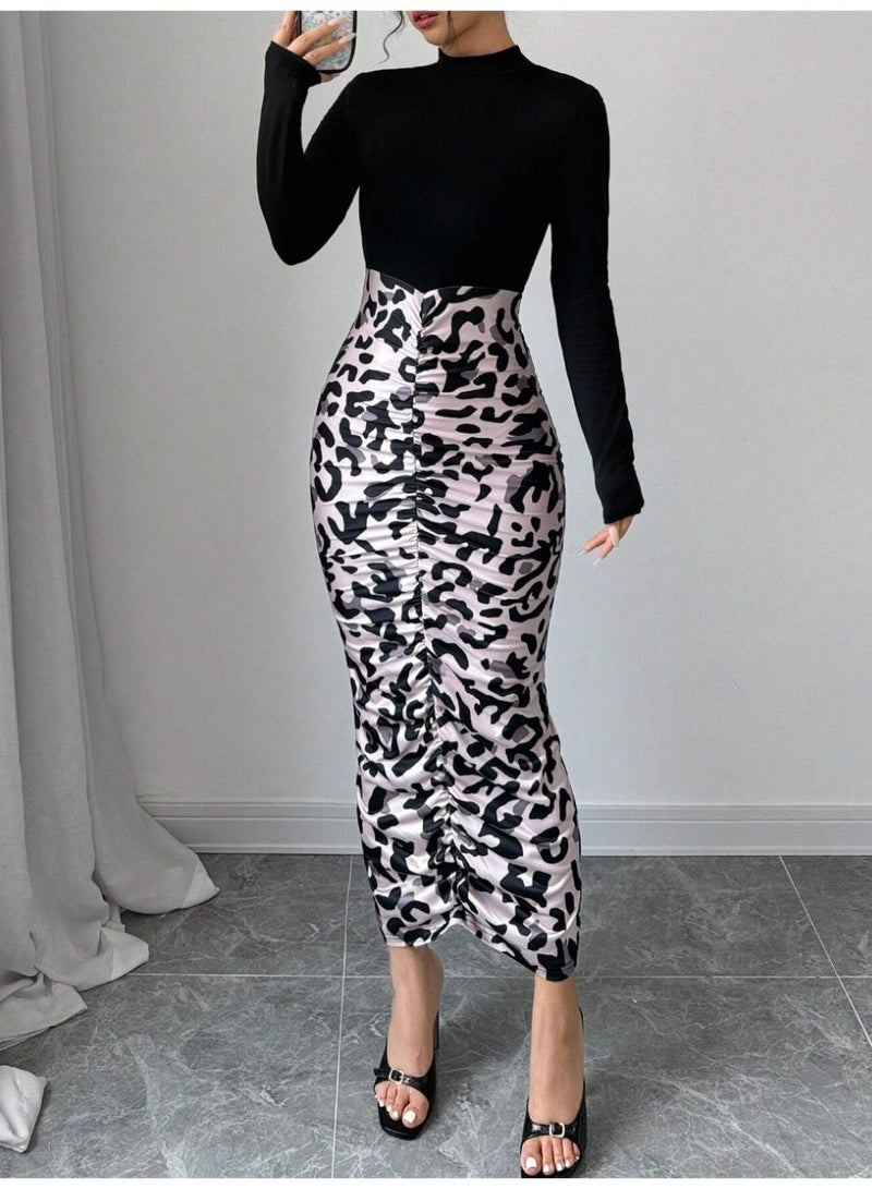 shein Women's Solid Color Print Splicing Simple Daily Short Dress Maxi Women Outfit Fall Cloth For Women - Image 2