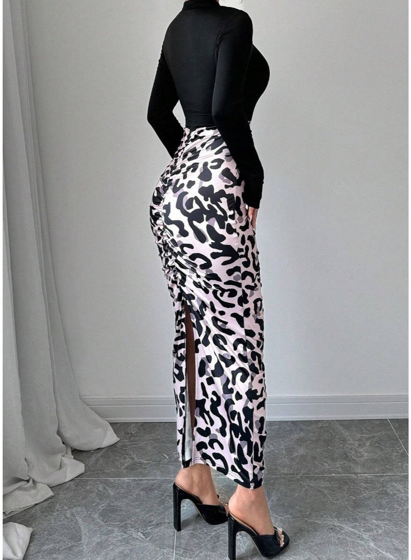 shein Women's Solid Color Print Splicing Simple Daily Short Dress Maxi Women Outfit Fall Cloth For Women - Image 5