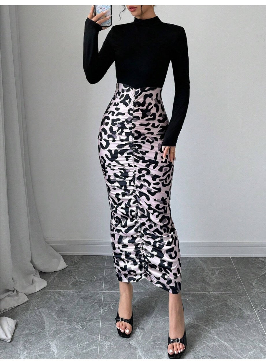 shein Women's Solid Color Print Splicing Simple Daily Short Dress Maxi Women Outfit Fall Cloth For Women