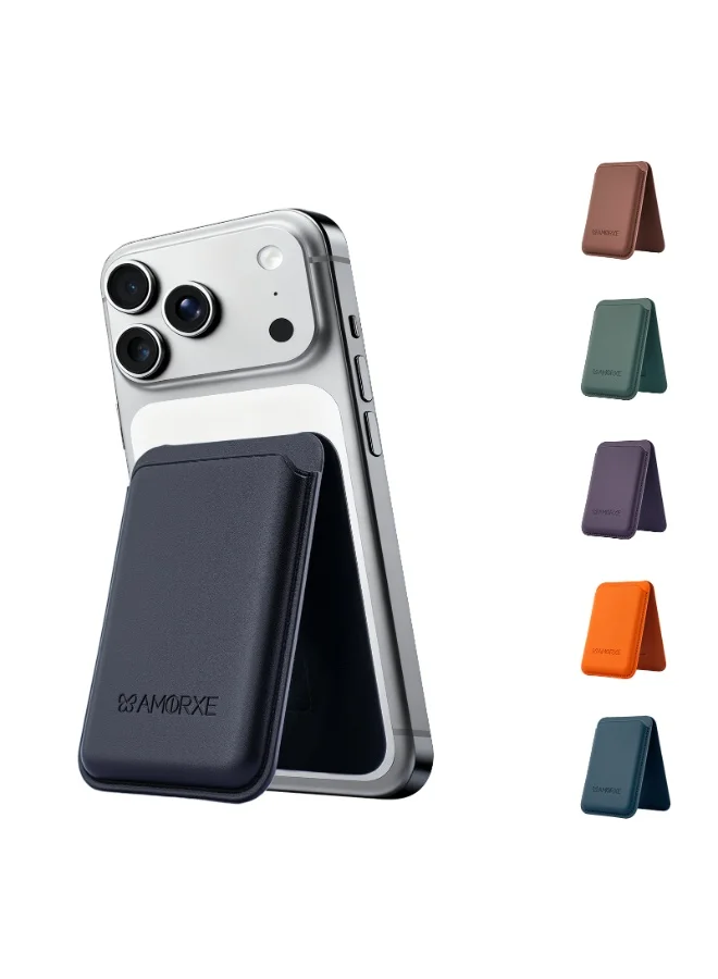 أﻣورﻛس محفظة وحامل بطاقات Amorxe MagSafe مع حامل، مغناطيس N52 قوي، تصميم جلدي نحيف، مشبك زنبركي يحمل 1-3 بطاقات بشكل آمن، متوافق مع سلسلة iPhone 17/16/15/14/13/12 (ليس 12/13 Mini)، أزرق