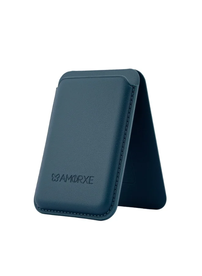 أﻣورﻛس محفظة وحامل بطاقات Amorxe MagSafe مع حامل، مغناطيس N52 قوي، تصميم جلدي نحيف، مشبك زنبركي يحمل 1-3 بطاقات بشكل آمن، متوافق مع سلسلة iPhone 17/16/15/14/13/12 (ليس 12/13 Mini)، أزرق