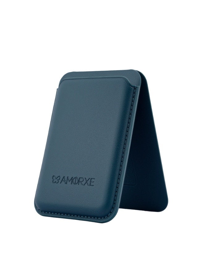 أﻣورﻛس محفظة وحامل بطاقات Amorxe MagSafe مع حامل، مغناطيس N52 قوي، تصميم جلدي نحيف، مشبك زنبركي يحمل 1-3 بطاقات بشكل آمن، متوافق مع سلسلة iPhone 17/16/15/14/13/12 (ليس 12/13 Mini)، أزرق - Image 1