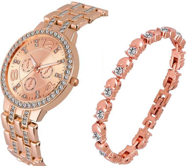 ZUPERIA Diamond Studded Stylish Analogue Stainless Steel Watch with Rose Gold Dial and Band Dot Bracelet for Girls & Women - Image 5