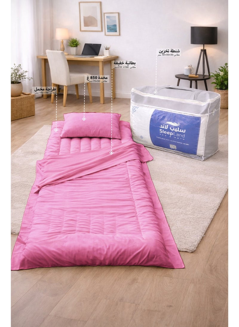 سليب لاند بكج الضيوف والرحلات لون وردي طراحة مع بطانية ومخدة وشنطة تخزين - Image 1