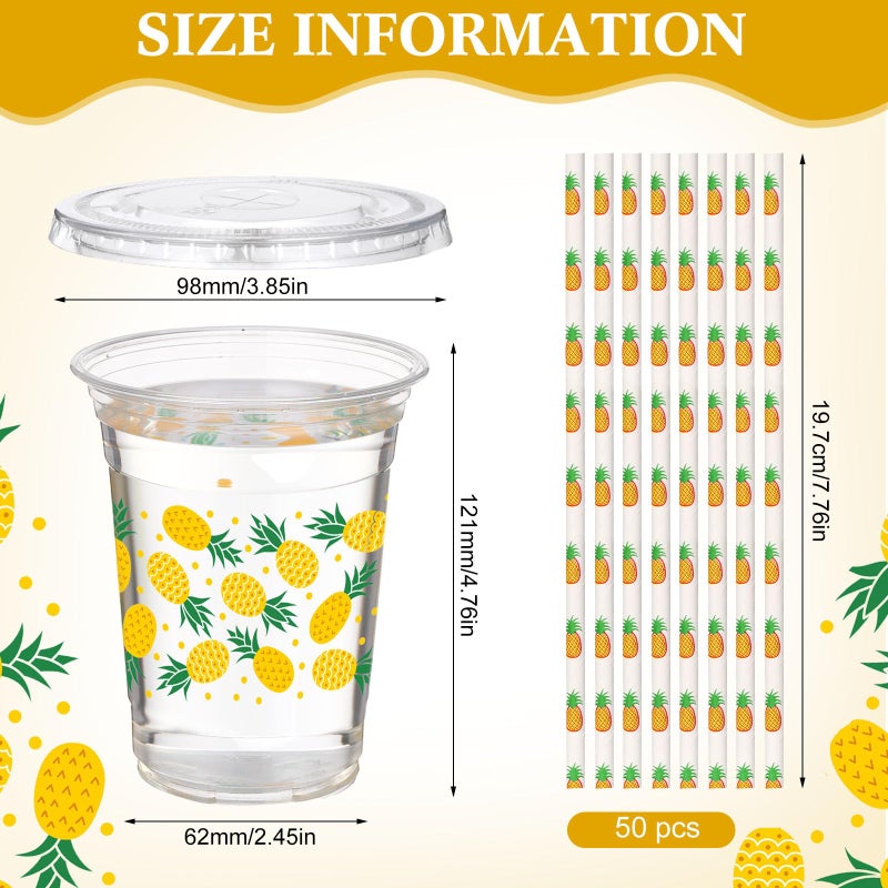 Funnymoom 50 Sets Pineapple Disposable Plastic Cups Bulk with Lids Straws 16 oz Pineapple Clear Plastic Cups Yellow fruit Themed Party Favors for baby shower Birthday Summer Tropical Fruit Party - Image 1