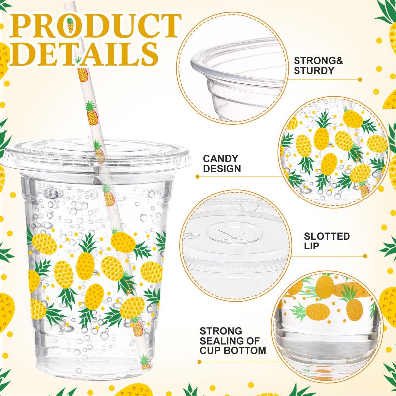 Funnymoom 50 Sets Pineapple Disposable Plastic Cups Bulk with Lids Straws 16 oz Pineapple Clear Plastic Cups Yellow fruit Themed Party Favors for baby shower Birthday Summer Tropical Fruit Party - Image 2