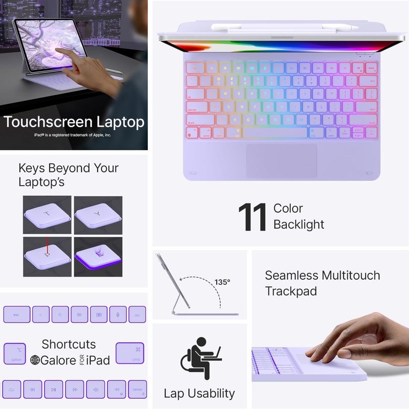 typecase Edge for iPad Air 13 (M4/M3/M2, 2026/2025/2024) & Pro 12.9 (6th/5th/4th/3rd) with 11-Color Backlit, Precision Trackpad, Magic Floating Keyboard (NOT FIT to Pro 13 (M5/M4) - Light Purple'26 - Image 3
