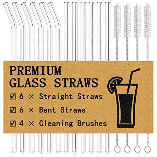 Piteno® 16-Pack Reusable Glass Straws Set, Clear Glass Drinking Straws, 8.5''x10MM, Set of 6 Straight and 6 Bent with 4 Cleaning Brushes, Perfect for Smoothies, Milkshakes, Juice, Tea - Image 1