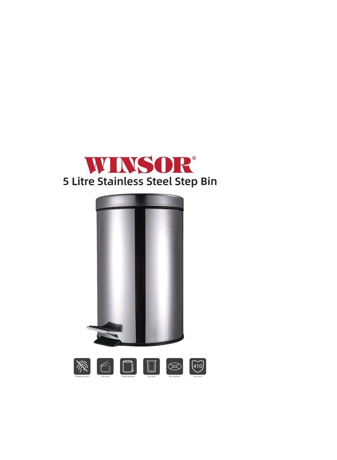 وينسور سلة مهملات بدواسة من الفولاذ المقاوم للصدأ Winsor مع دلو داخلي قابل للإزالة، سلة مهملات مستديرة الشكل للحمام والمنزل والمطبخ والحمامات والغرفة والمكتب (5.0 لتر) - Image 2