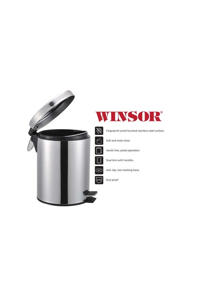 وينسور سلة مهملات بدواسة من الفولاذ المقاوم للصدأ Winsor مع دلو داخلي قابل للإزالة، سلة مهملات مستديرة الشكل للحمام والمنزل والمطبخ والحمامات والغرفة والمكتب (5.0 لتر) - Image 3