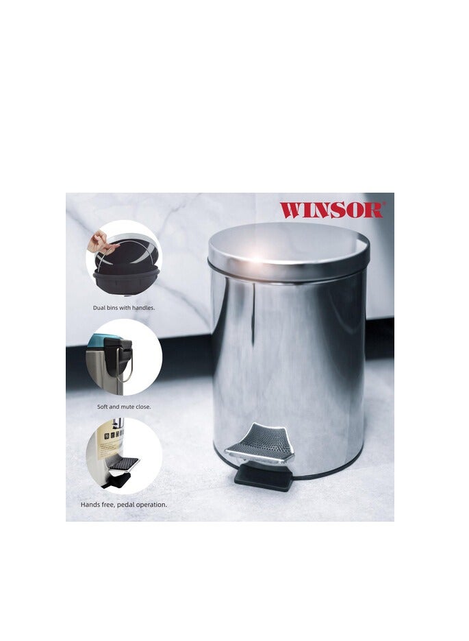 وينسور سلة مهملات بدواسة من الفولاذ المقاوم للصدأ Winsor مع دلو داخلي قابل للإزالة، سلة مهملات مستديرة الشكل للحمام والمنزل والمطبخ والحمامات والغرفة والمكتب (5.0 لتر) - Image 5