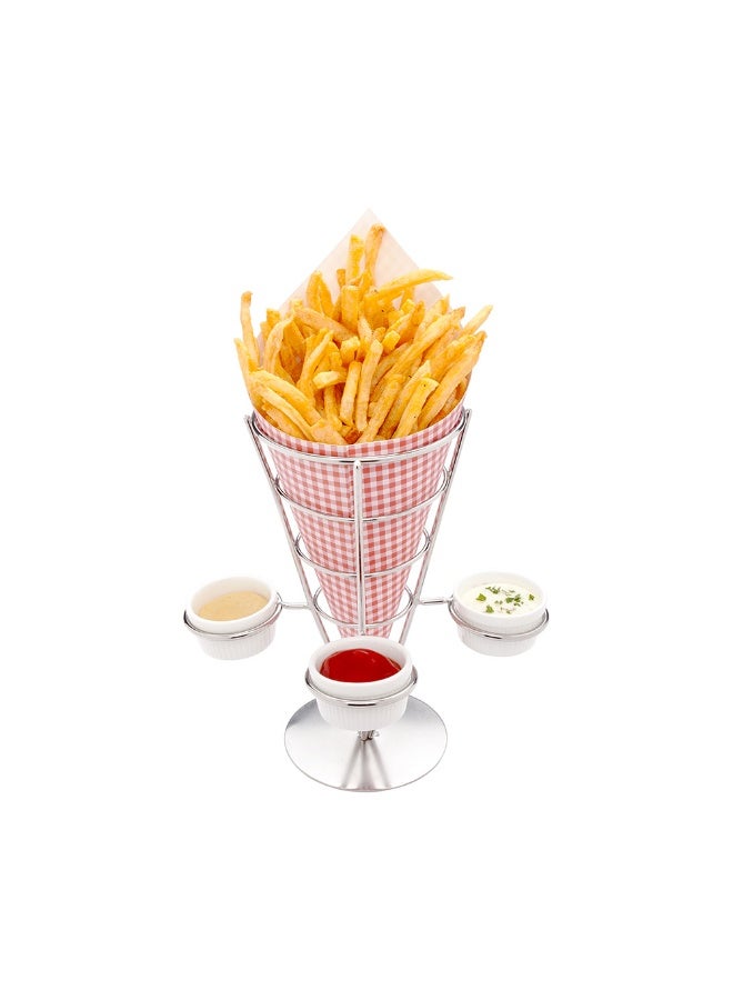Restaurantware حامل بطاطس مقلية بحجم 4.3 × 8 بوصة، 1 حامل بطاطس - مع 3 حوامل صلصة، قابل للغسل في غسالة الصحون، حامل مخروط من الفولاذ المقاوم للصدأ الفضي، للوجبات الخفيفة، المقبلات، أو الحلويات - Image 2