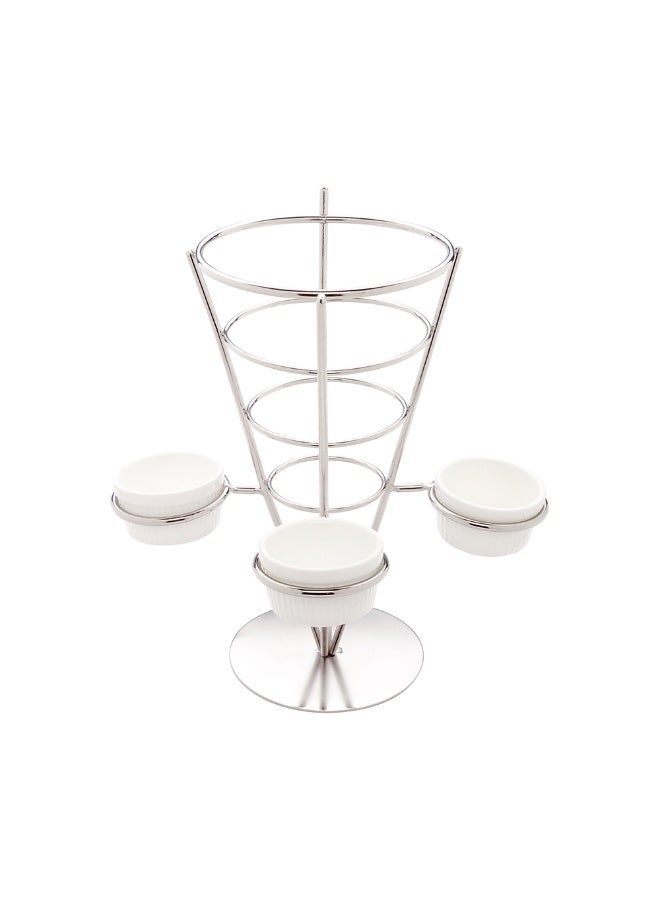 Restaurantware حامل بطاطس مقلية بحجم 4.3 × 8 بوصة، 1 حامل بطاطس - مع 3 حوامل صلصة، قابل للغسل في غسالة الصحون، حامل مخروط من الفولاذ المقاوم للصدأ الفضي، للوجبات الخفيفة، المقبلات، أو الحلويات - Image 1