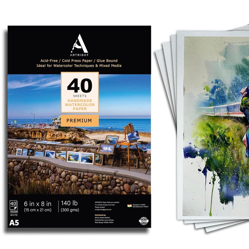 ArtRight Artists Watercolor Paper (A5 Pack of 40 Sheets, 300 GSM); Handmade Watercolour Paper for Artists - Image 1