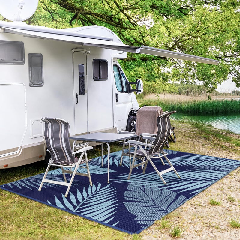 GENIMO Outdoor Rug 5' x 8' Waterproof for Patios Clearance, Reversible Outdoor Plastic Straw Camping Rug Carpet, Large Area Rugs Mats for RV, Camper, Deck, Balcony, Porch, Beach, Navy Blue&Baby Blue - Image 5