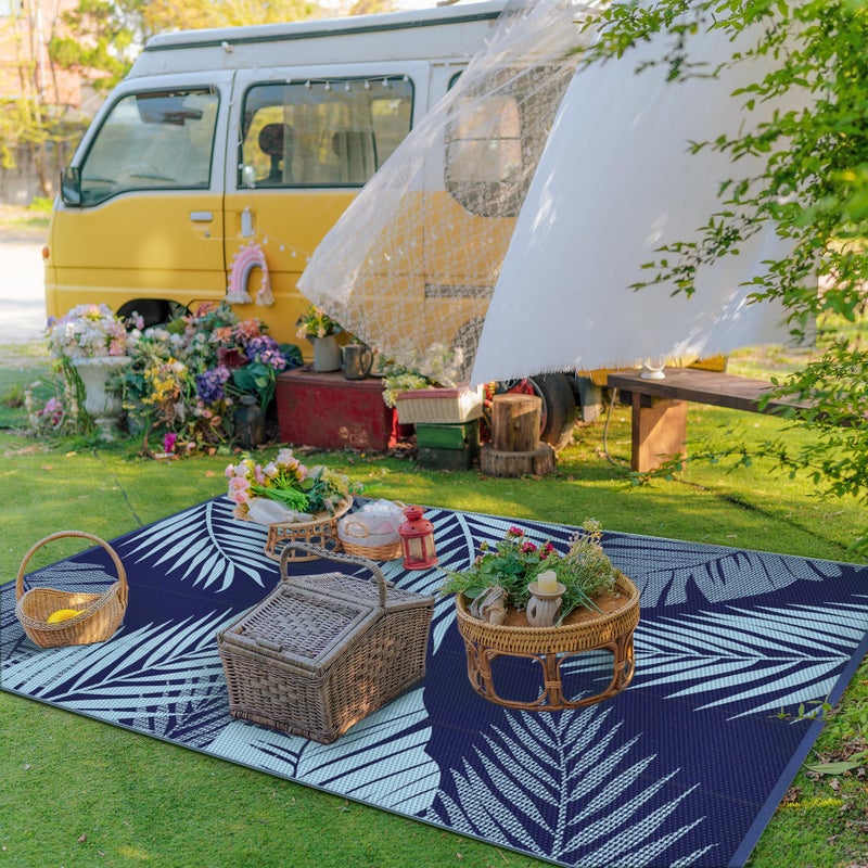GENIMO Outdoor Rug 5' x 8' Waterproof for Patios Clearance, Reversible Outdoor Plastic Straw Camping Rug Carpet, Large Area Rugs Mats for RV, Camper, Deck, Balcony, Porch, Beach, Navy Blue&Baby Blue - Image 3
