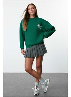 Emerald Green Thick Inside Polar Slogan Embroidered Regular/Normal Fit Knitted Sweatshirt TWOAW24SW00094
