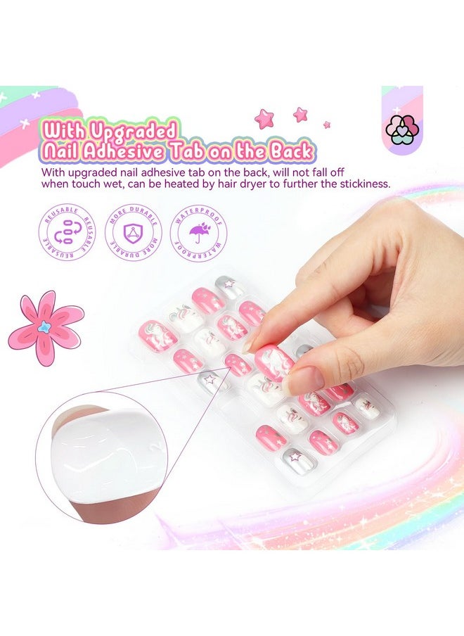 Saviland SAVILAND 168Pcs 7 Pack Press on Nails for Kids Children Fake Nails Stick on Nails Pre-glue Full Cover Glitter Gradient Color Star Short Acrylic Nail Tips Nail Art Christmas Gifts for 8-12 Year Kids  - Image 3