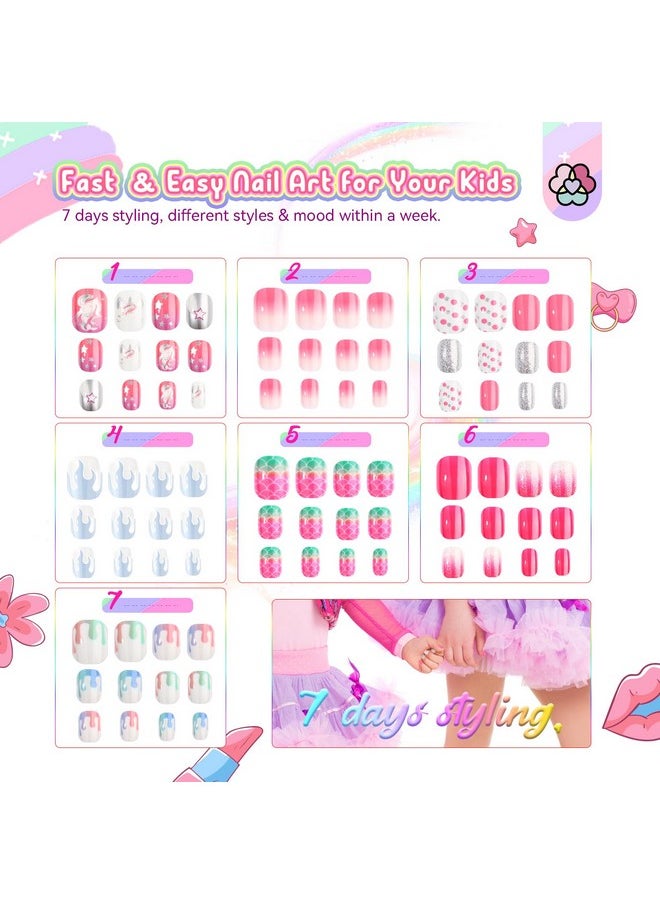 Saviland SAVILAND 168Pcs 7 Pack Press on Nails for Kids Children Fake Nails Stick on Nails Pre-glue Full Cover Glitter Gradient Color Star Short Acrylic Nail Tips Nail Art Christmas Gifts for 8-12 Year Kids  - Image 2