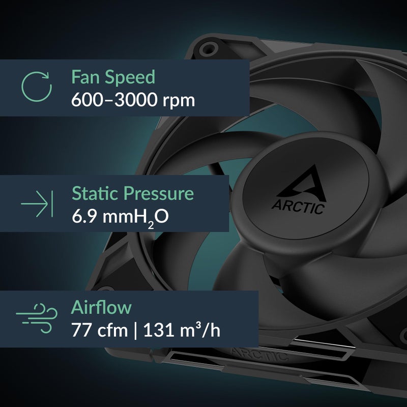 ARCTIC P12 Pro PST - Powerful Premium Fan, 120 mm PWM Fan with Y-Cable Splitter, 600-3000 RPM, 0 RPM <5% PWM, Fluid Dynamic Bearing, 4-Pin - Black - Image 2
