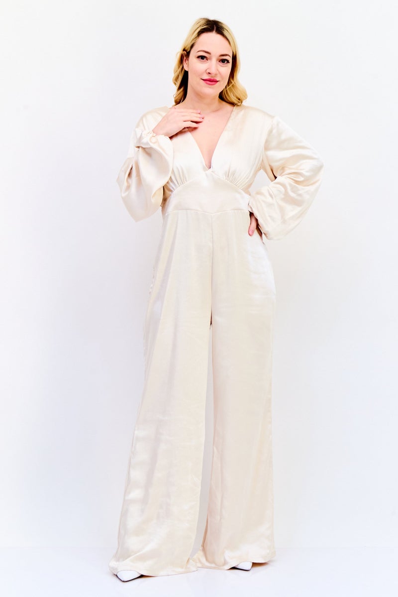 Archive Design Studio Women Long Sleeve Plain Jumpsuit, Beige - Image 1