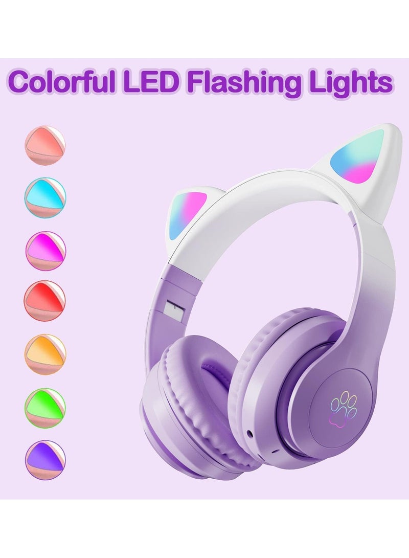 سماعات رأس للأطفال مزودة بميكروفون/إضاءة LED RGB، سماعات بلوتوث بتصميم أذن قطة، تحديد مستوى الصوت 94 ديسيبل، سماعات ستيريو قابلة للطي تغطي الأذن بالكامل للأطفال، مناسبة للأجهزة اللوحية/المدرسة/أجهزة iPad/الهواتف الذكية (بنفسجي) - Image 4