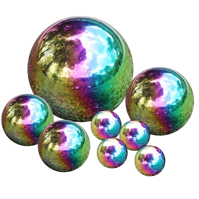 Pack of 8 Stainless Steel Gazing Balls Assorted 50150mm Small Garden Gazing Globes Hollow Mirror Polished Seamless Reflective Sphere Balls for Home Yard Lawn Outdoor Decorations Rainbow