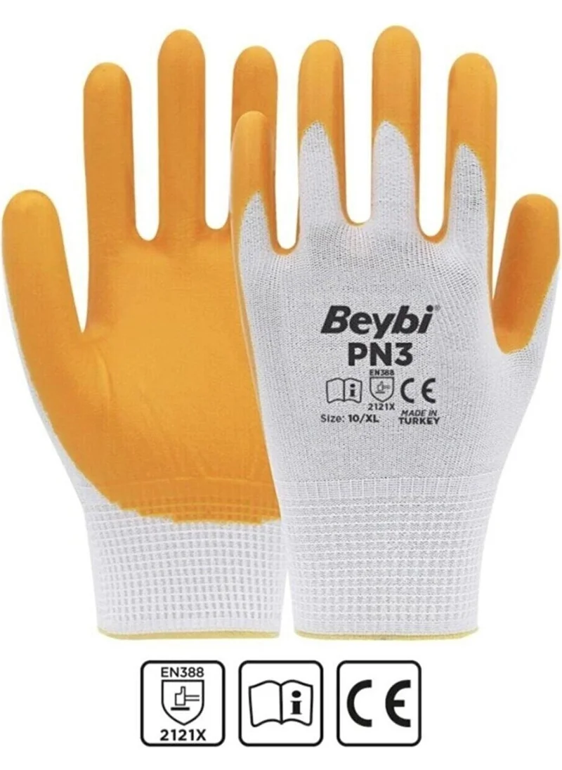 Beybi Pn3 White Yellow Size 9 Polyester Knitted Nitrile Gloves 12 Pack En388