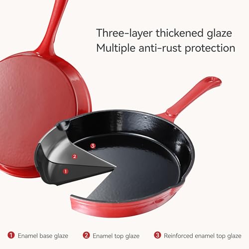 CAROTE Enamel Cast Iron Skillet Frying Pan 8 Inch, 20cm -Red, Even Heat Distribution, Gas & Induction Compatible, Oven & Grill Safe, Non-Toxic & Durable Cookware, Ideal for Omelette, Shalow Frying - Image 5