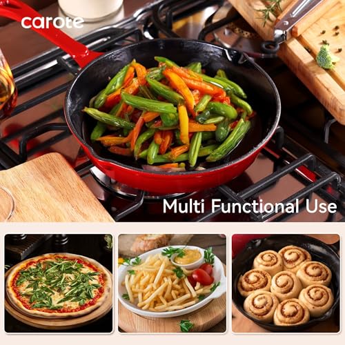 CAROTE Enamel Cast Iron Skillet Frying Pan 8 Inch, 20cm -Red, Even Heat Distribution, Gas & Induction Compatible, Oven & Grill Safe, Non-Toxic & Durable Cookware, Ideal for Omelette, Shalow Frying - Image 4
