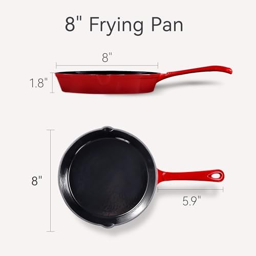 CAROTE Enamel Cast Iron Skillet Frying Pan 8 Inch, 20cm -Red, Even Heat Distribution, Gas & Induction Compatible, Oven & Grill Safe, Non-Toxic & Durable Cookware, Ideal for Omelette, Shalow Frying - Image 2