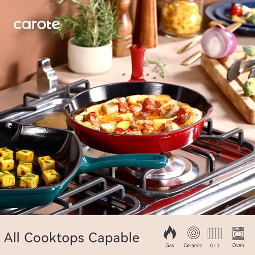 CAROTE Enamel Cast Iron Skillet Frying Pan 8 Inch, 20cm -Red, Even Heat Distribution, Gas & Induction Compatible, Oven & Grill Safe, Non-Toxic & Durable Cookware, Ideal for Omelette, Shalow Frying - Image 3
