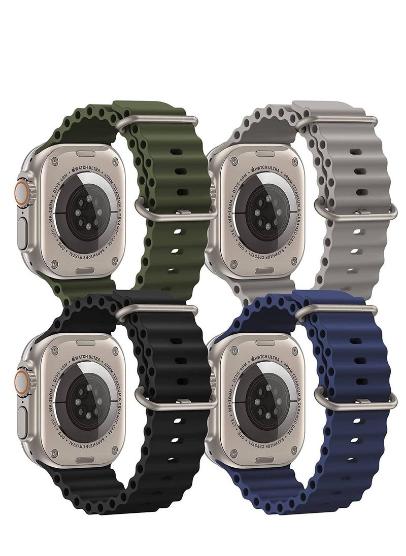 ELTRAZONE - 4-Pack Ocean Band Compatible with Apple Watch Ultra Bands 49mm 45mm 44mm – Adjustable Silicone Sport Wristbands for Men & Women in Green, Gray, Black, Blue – Durable & Comfortable - Image 1