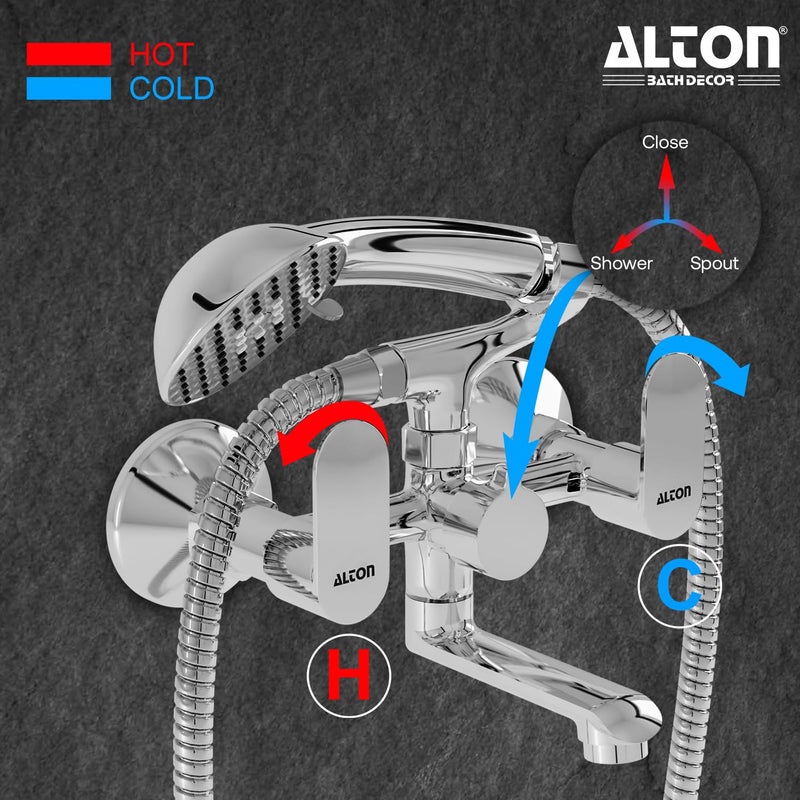 Alton ALTON AXN9495 Brass Wall Mixer With 5Function Hand Shower SS304 Grade 15 Meter Tube and Crutch Chrome Finish  - Image 2