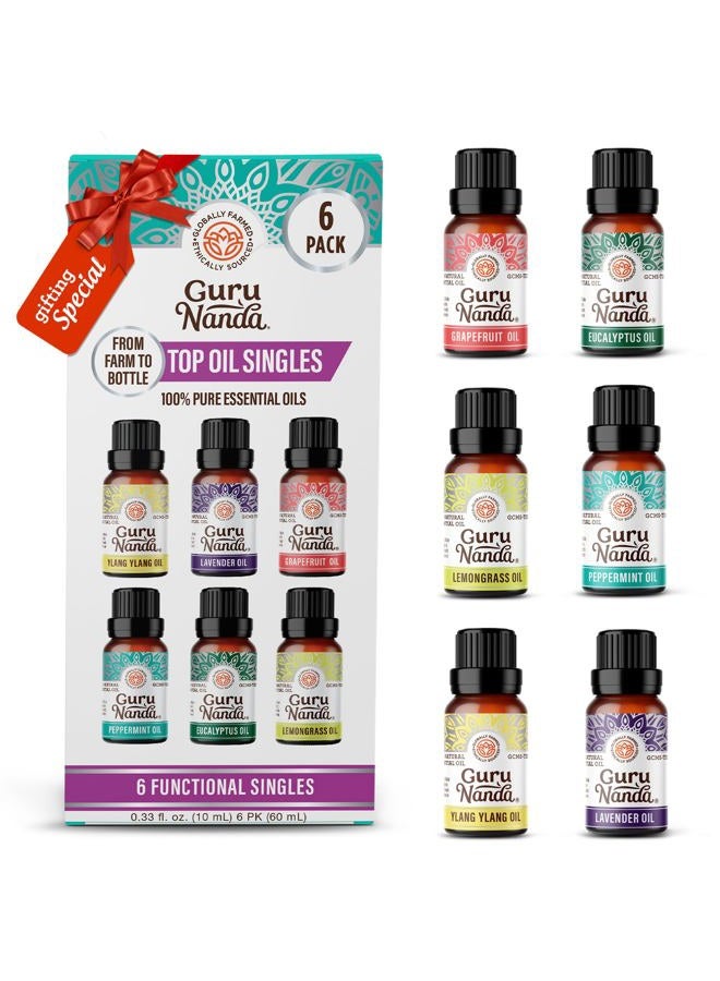 GuruNanda Essential Oils Set for Diffusers, 100% Pure, Aromatherapy, Massage, Candle & Soap Making Lavender, Peppermint, Eucalyptus, Grapefruit, Lemongrass, Ylang Ylang 0.33 Fl Oz (Pack of 6)  - Image 1