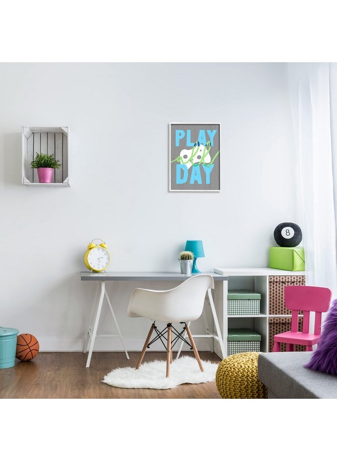 Stupell Industries - Play All Day Phrase Rustic Video Game Controller, Designed By Daphne Polselli White Framed Wall Art, 16 X 20 - Image 1
