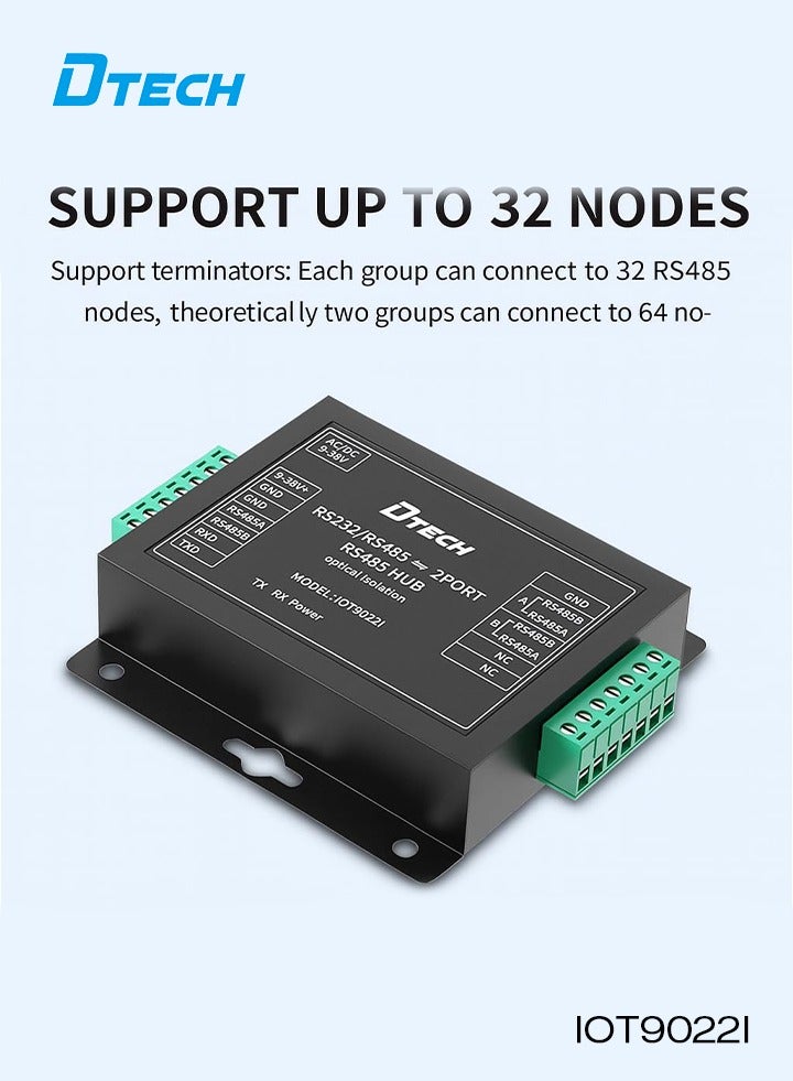 DTECH Industrial RS232/RS485 to Dual RS485 Optical Isolation Hub | Model IOT9022I | 921.6Kbps Baud Rate, 2500Vrms Isolation, 600W Surge Protection, Wide Voltage 9–38V, Supports Up to 32 Nodes - Image 2
